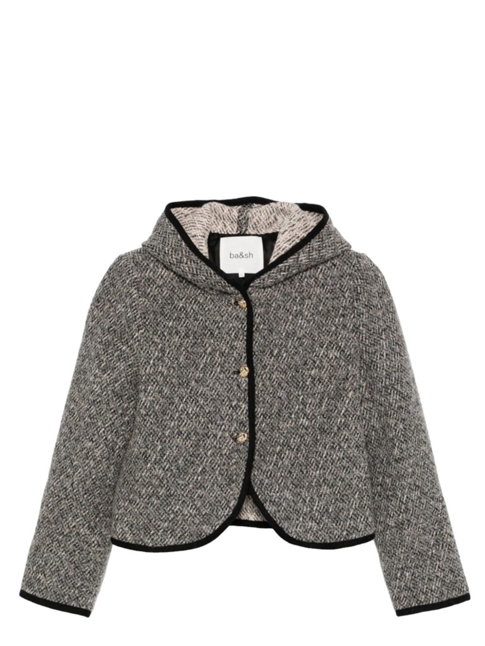 ba&sh Loctave Tweed Cotton Wool Button Trim Hood Jacket Coat Gris Black White - Picture 11 of 11